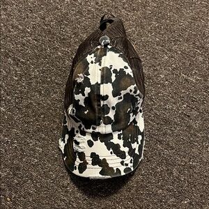 C.C Cow Print Trucker Hat in Black & White with Brown Accents